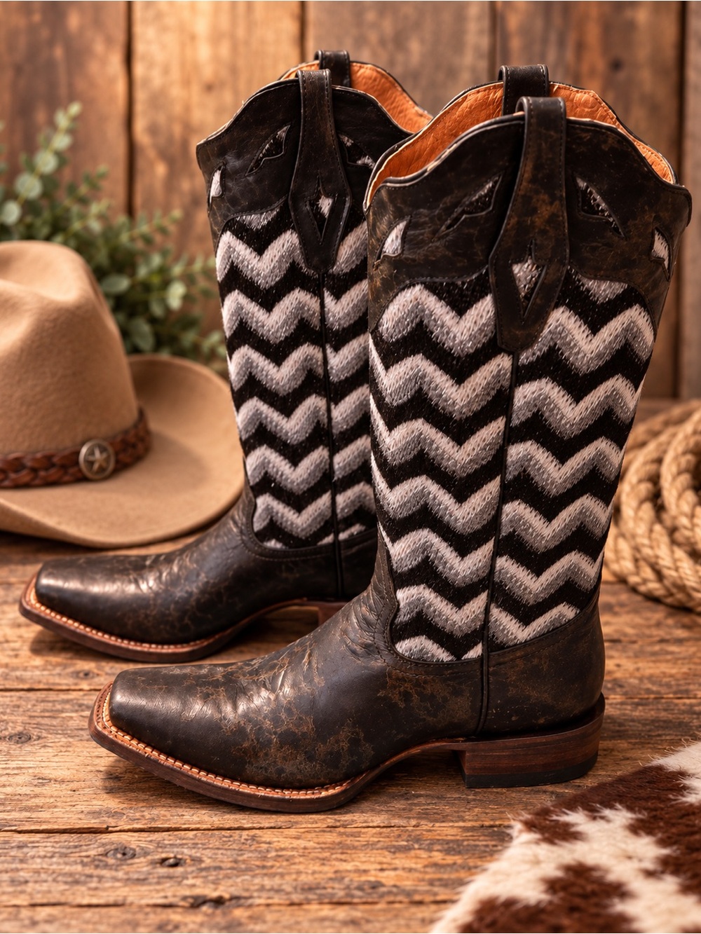 Tanner Mark Leather Black & Silver Chevron Western Cowboy Boots Square Toe NWT - Picture 2 of 4